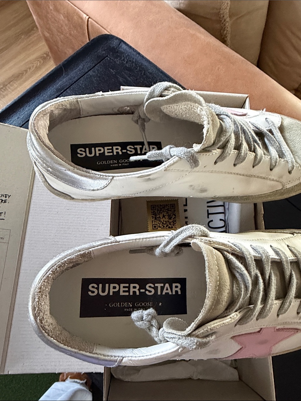 Golden Goose White Leather Sneakers with Pink Star and Silver Heel Tab - Picture 3 of 3